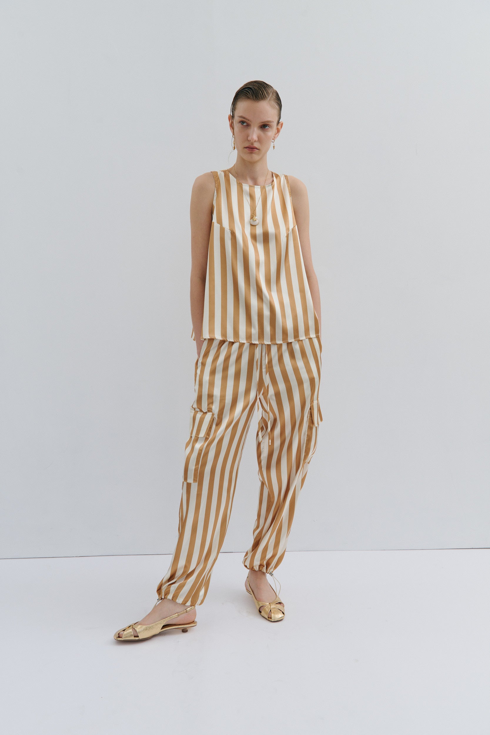 Golden Afternoon Cargo Pant - Gold Cream Pinstripe