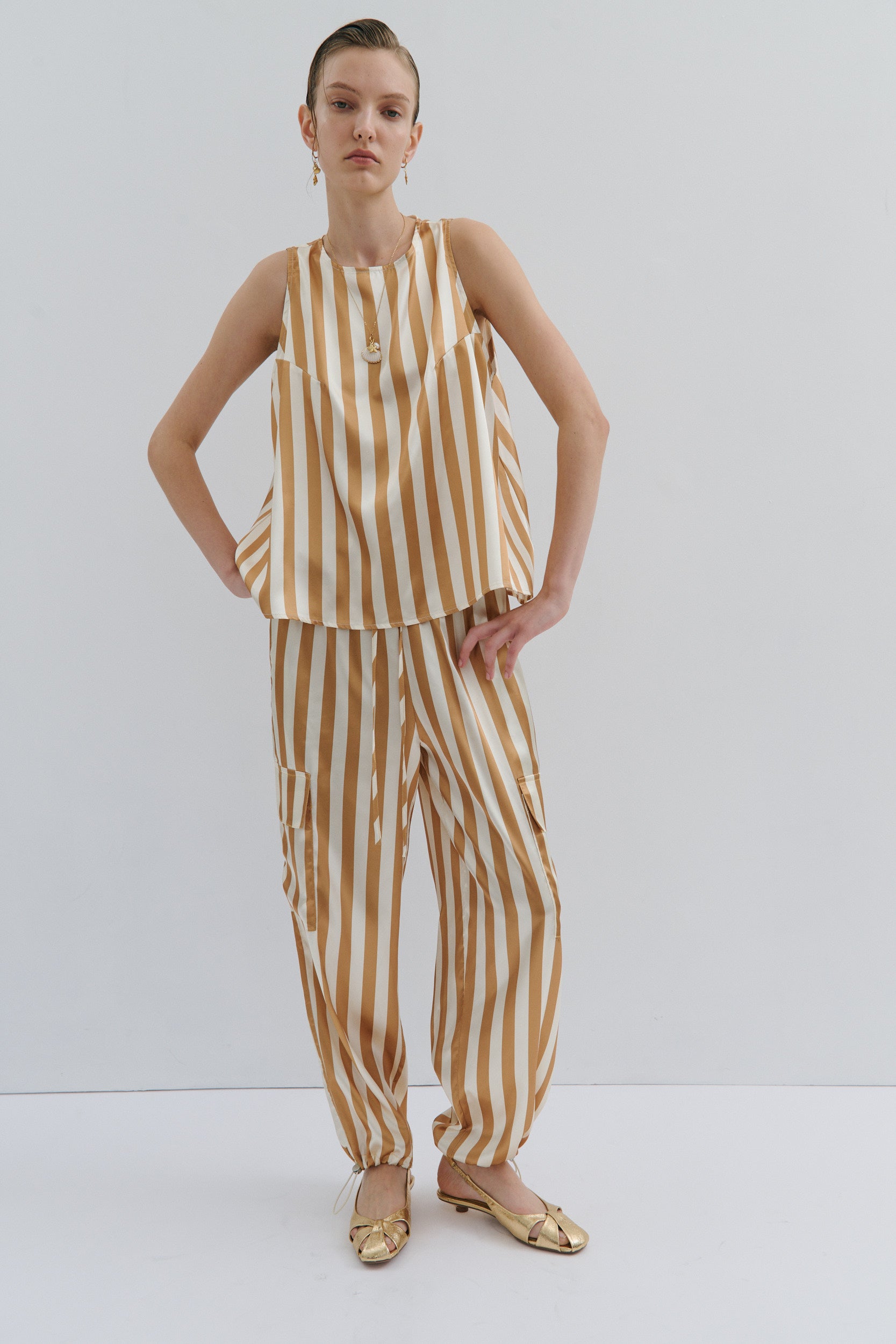 Golden Afternoon Cargo Pant - Gold Cream Pinstripe