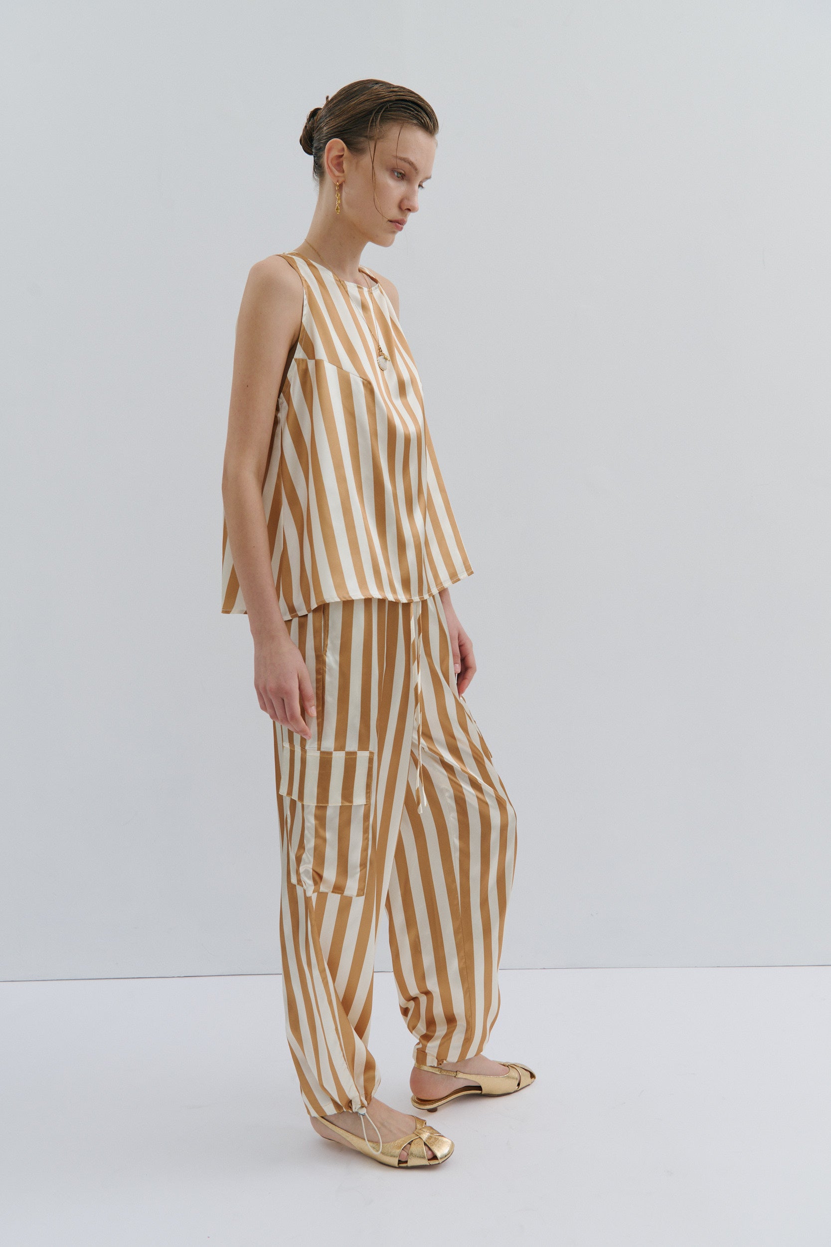Golden Afternoon Cargo Pant - Gold Cream Pinstripe
