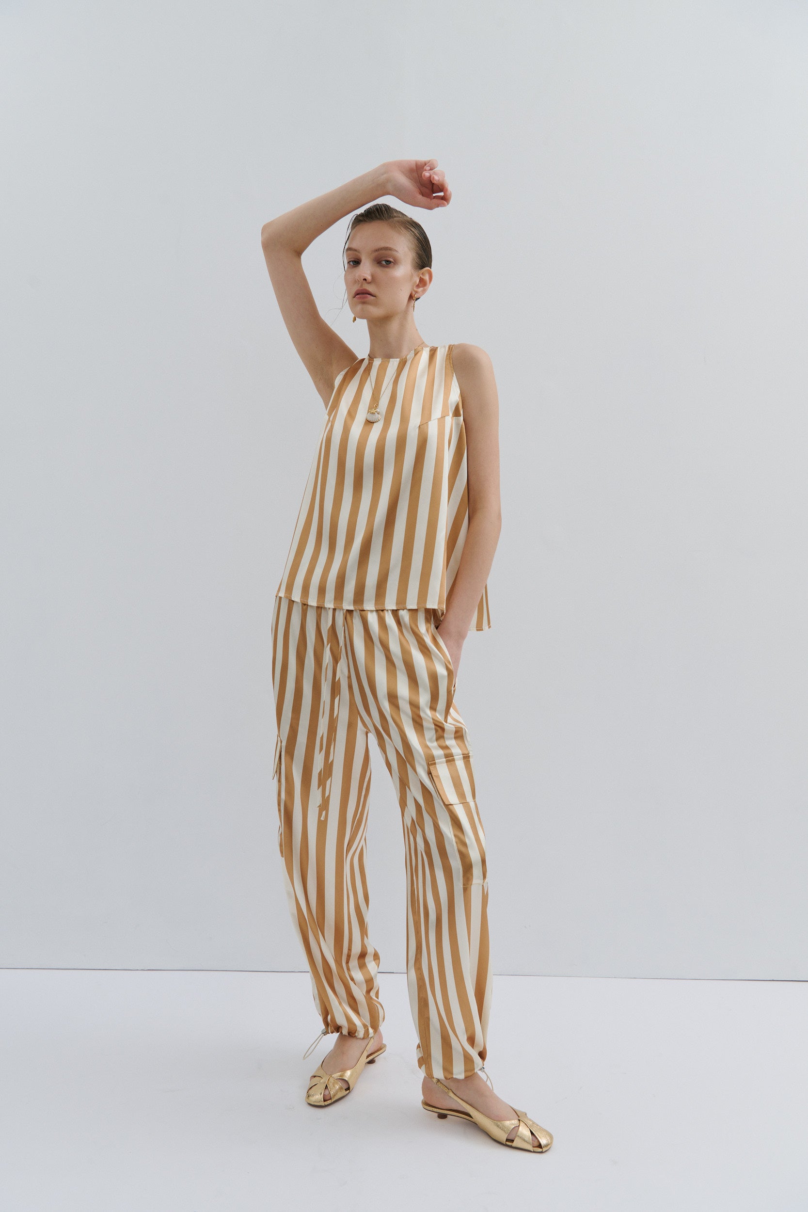 Golden Afternoon Cargo Pant - Gold Cream Pinstripe