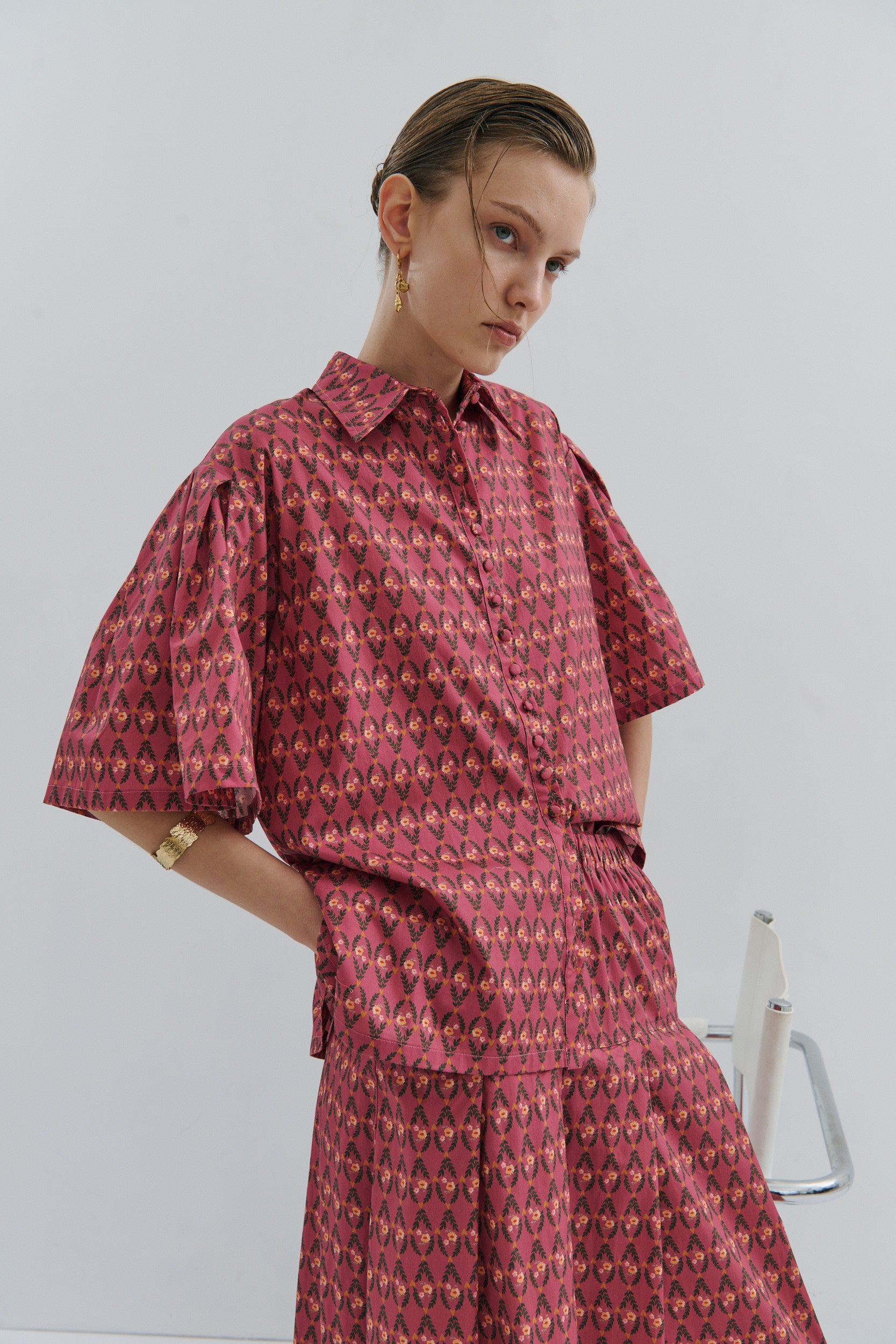 Lacie Pleated Short-sleeved Shirt Rosewood
