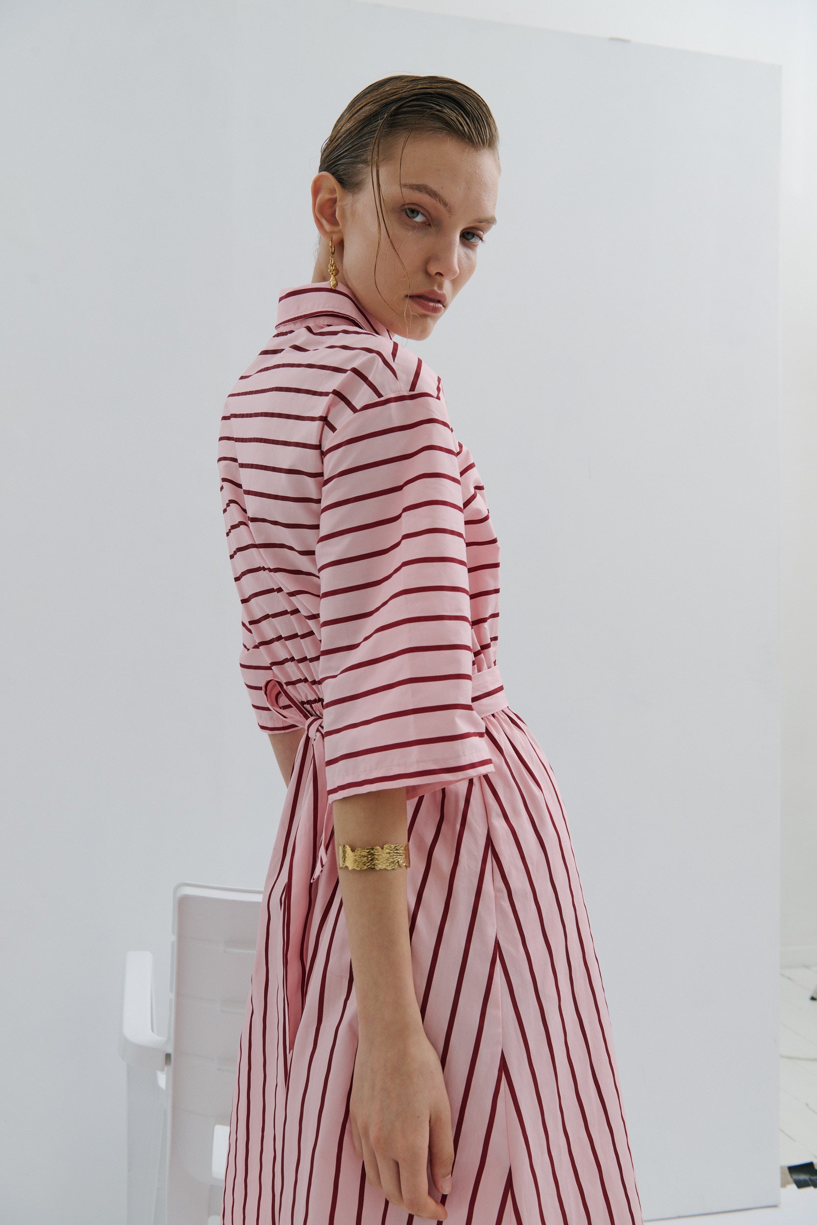 Mad Hatters Midi Dress - Red Pink Pinstripe Pop