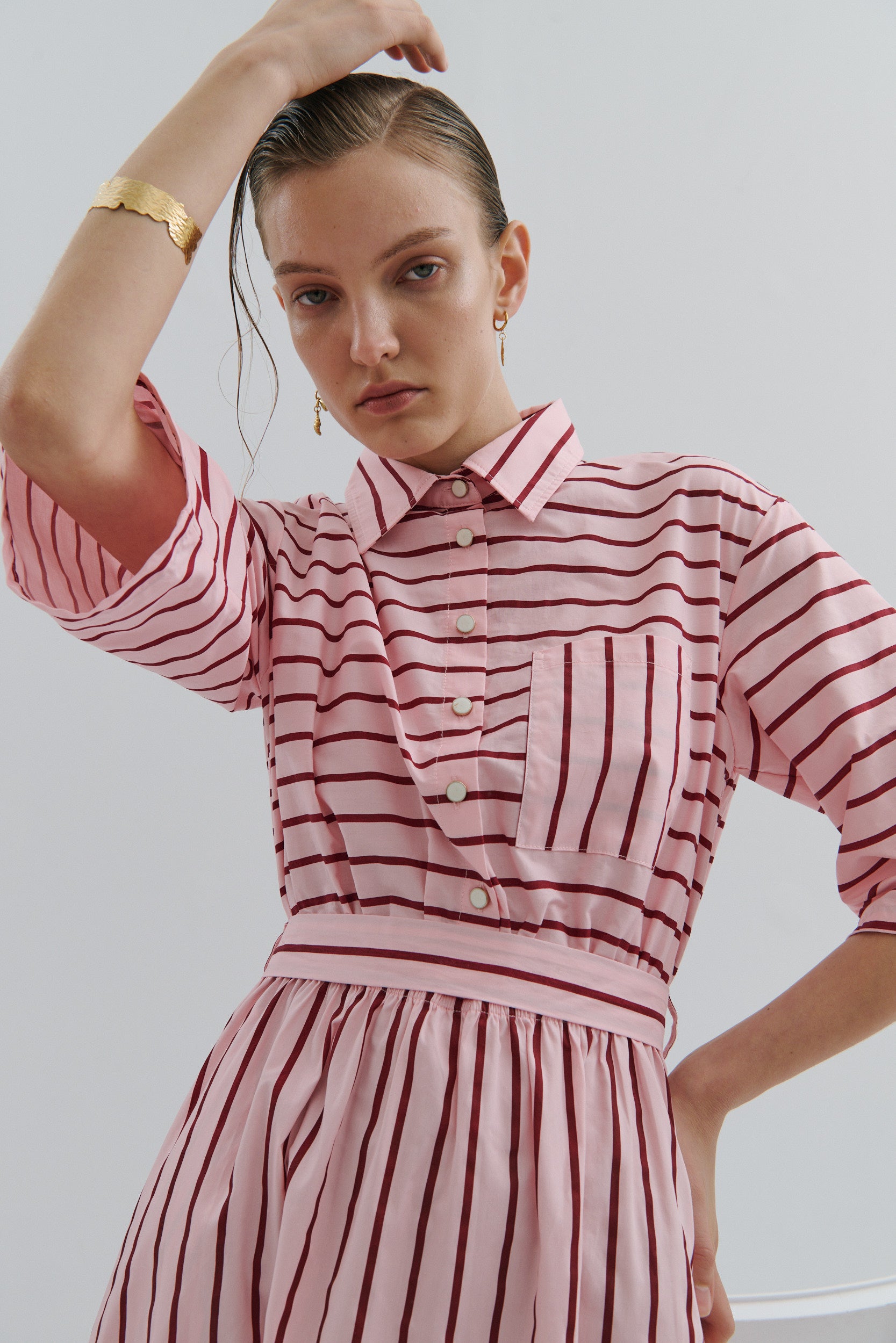 Mad Hatters Midi Dress - Red Pink Pinstripe Pop
