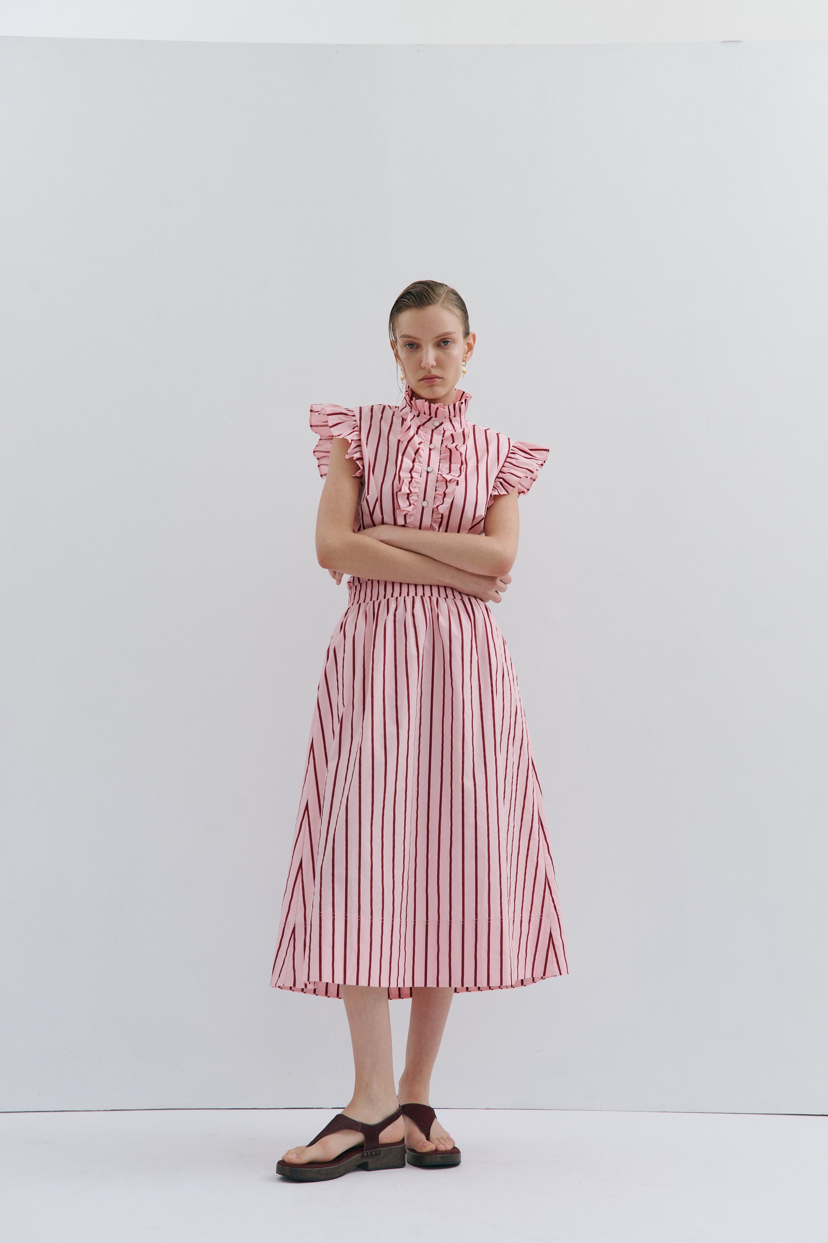 Mad Hatters Midi Skirt - Red Pink Pinstripe Pop