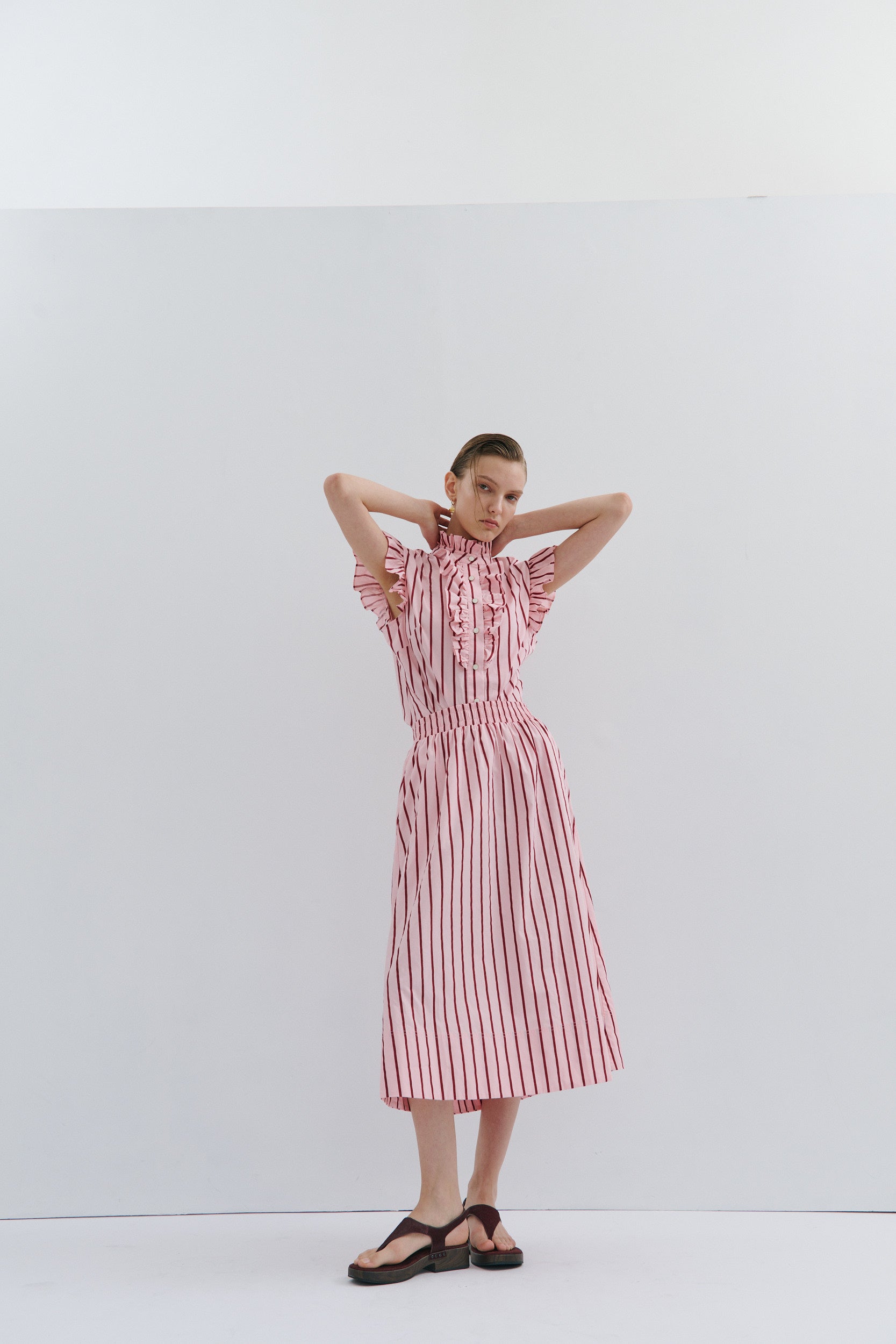 Mad Hatters Frill Shirt - Red Pink Pinstripe Pop