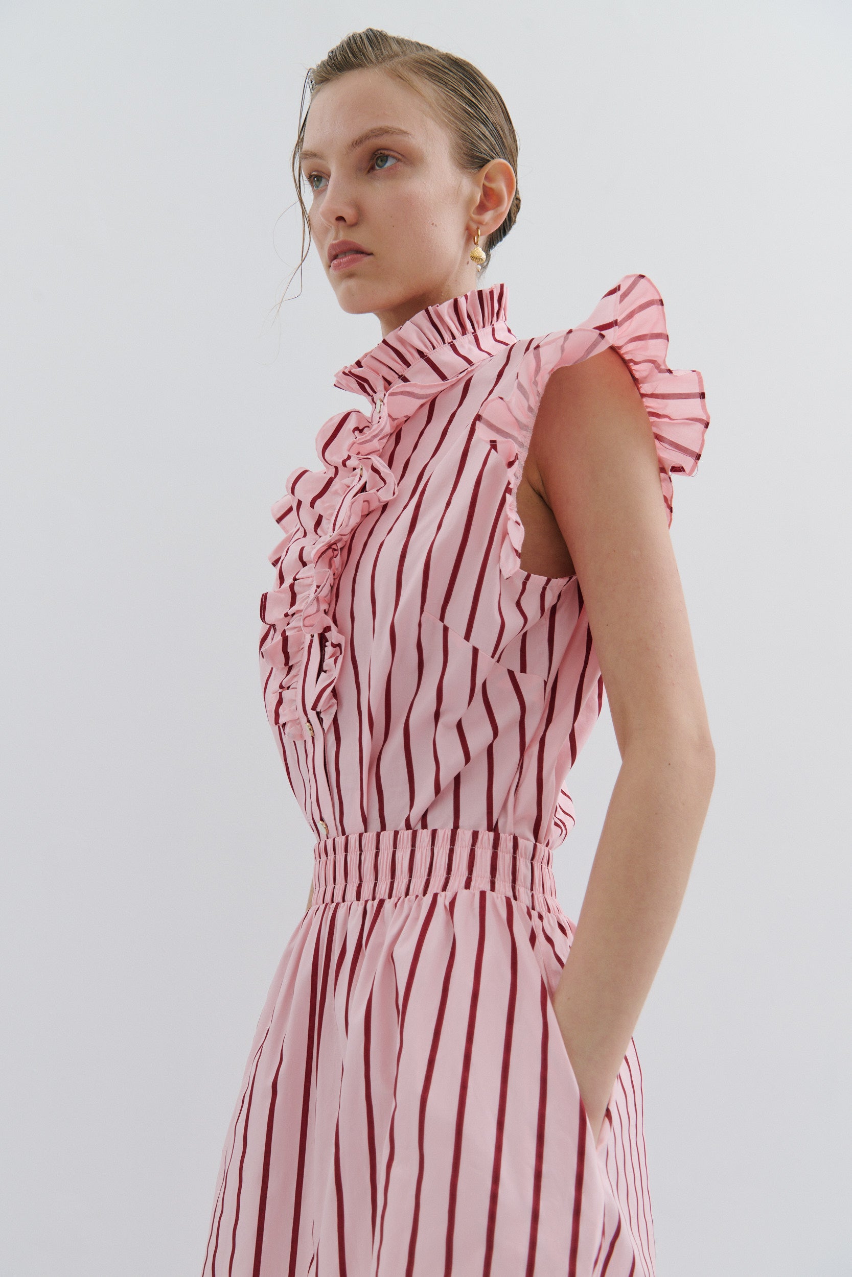 Mad Hatters Midi Skirt - Red Pink Pinstripe Pop