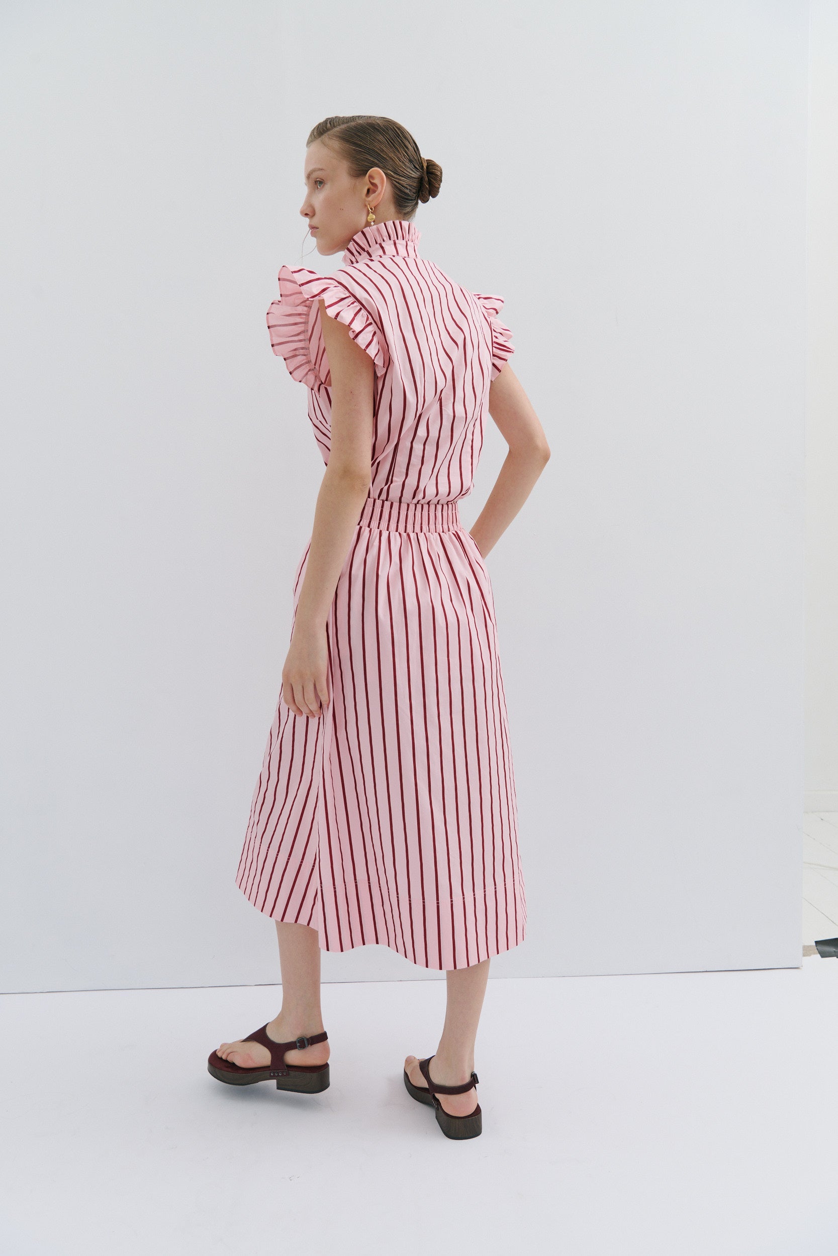 Mad Hatters Midi Skirt - Red Pink Pinstripe Pop